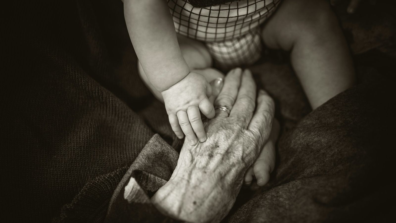 An older woman holding a baby's hand, sitting by a window
